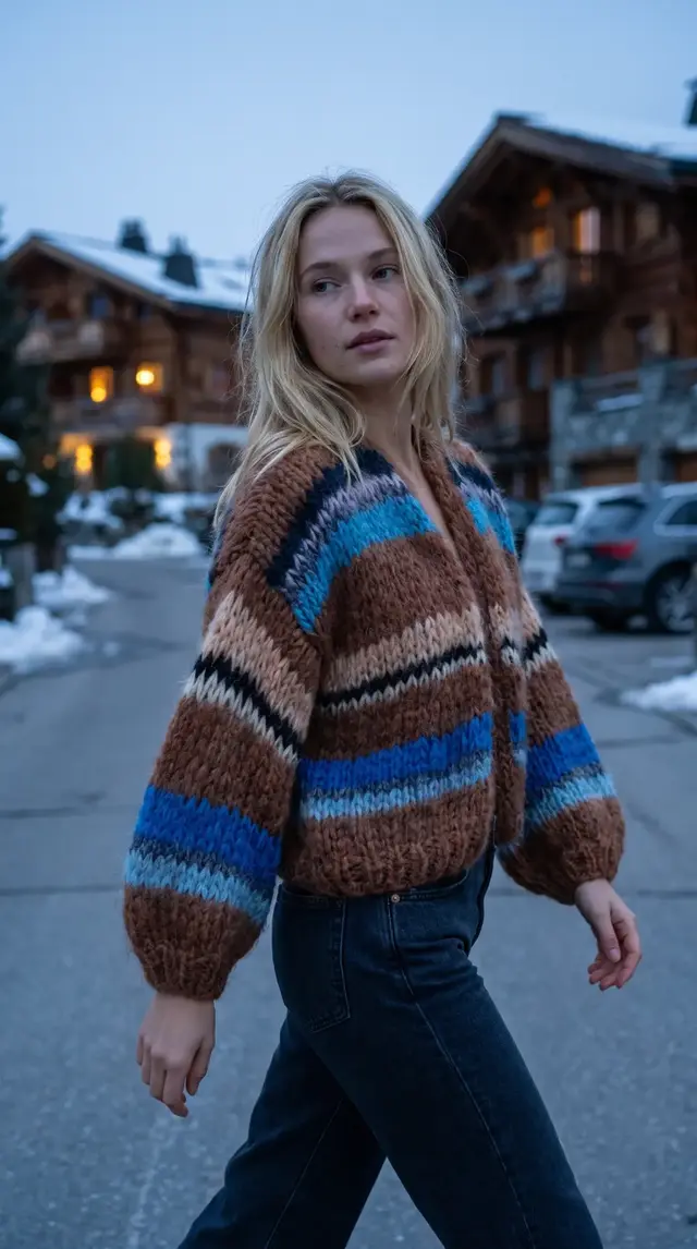AI editorial image: knit cardigan worn in an Alpine street
